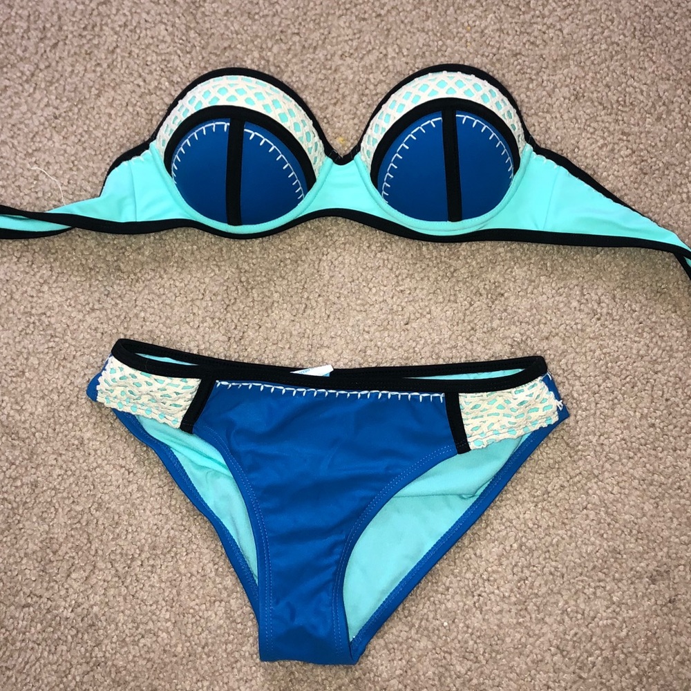 blue & white crochet bikini set